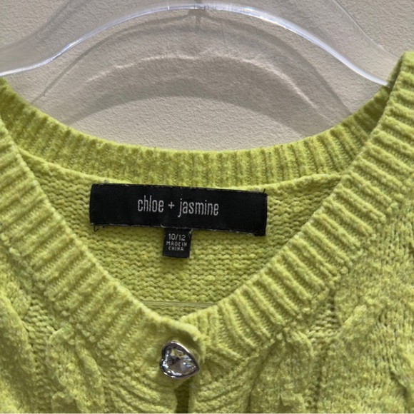Chloe & Jasmine Lime Green Sweater Heart Gemmed Buttons Cable Knit Size 10/12 - Picture 3 of 5